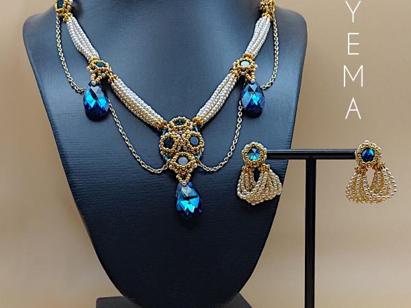 Teyema Jewelry set cream pearls and bermuda blue crystal