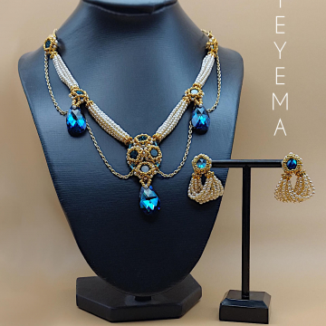 Teyema Jewelry set cream pearls and bermuda blue crystal